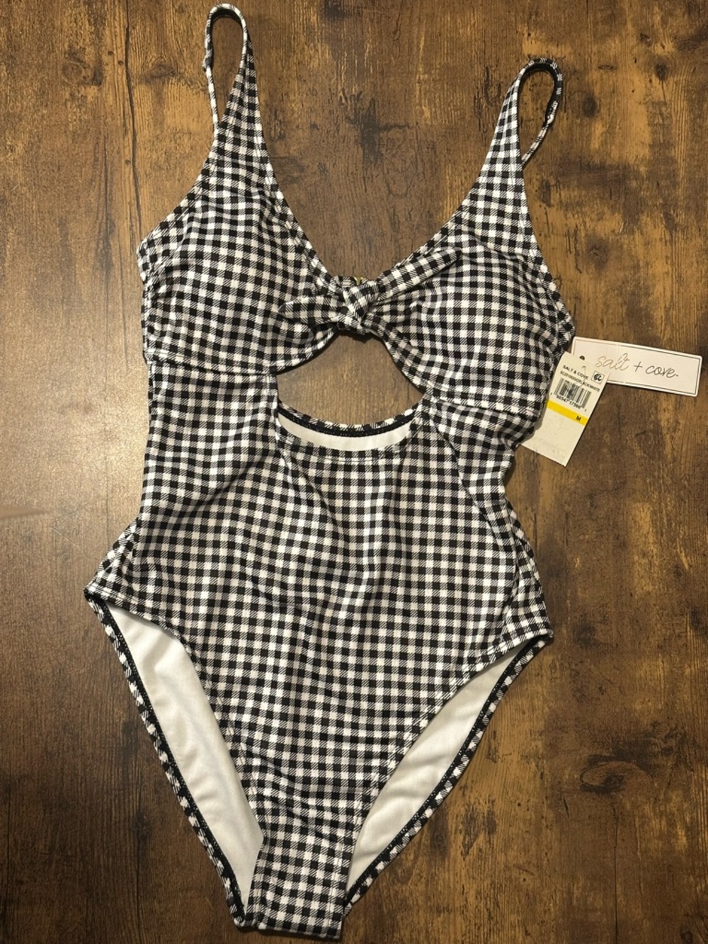 Salt + Cove Black and White Gingham Knot Front Cutout One-Piece Swimsuit